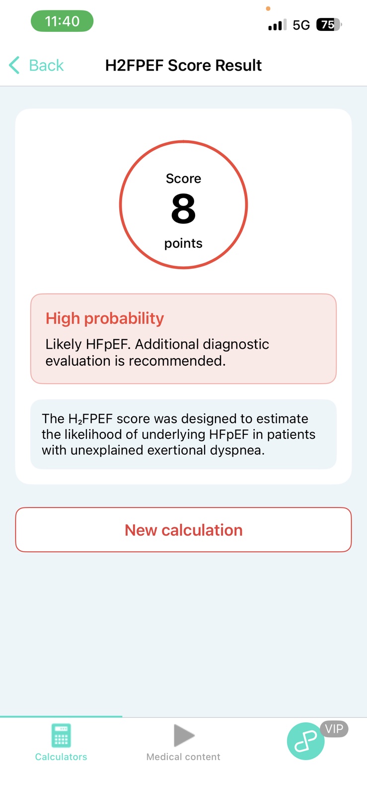 HFpEF calculator patient data screen