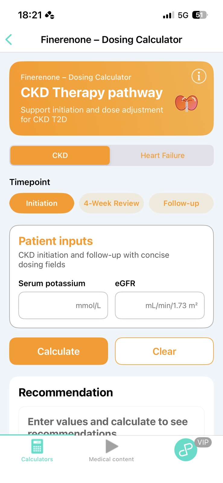 Finerenone dosing calculator input screen